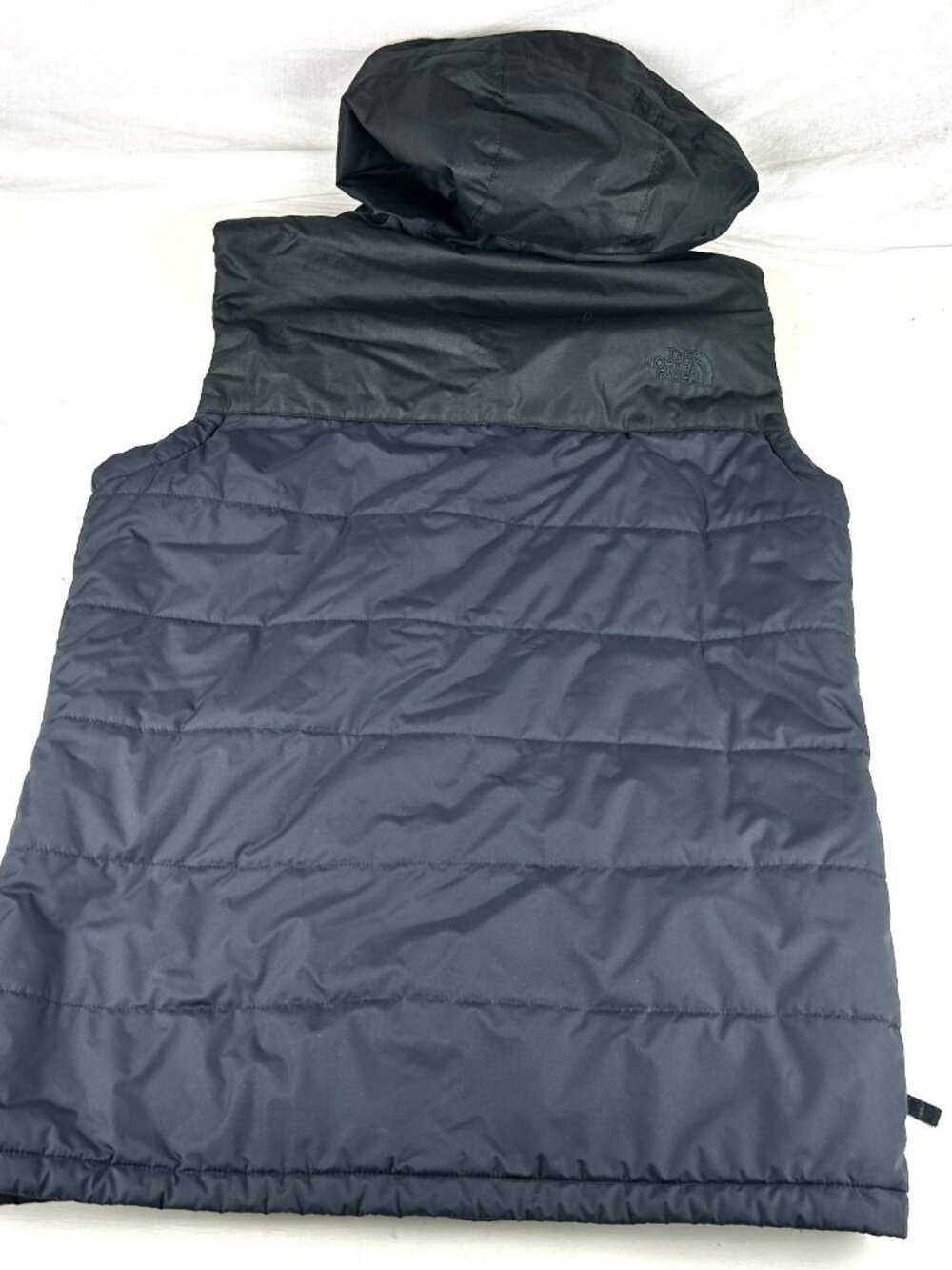 The North Face Hooded Puffer Vest Men's M Navy Blue And Black Cargo Pockets